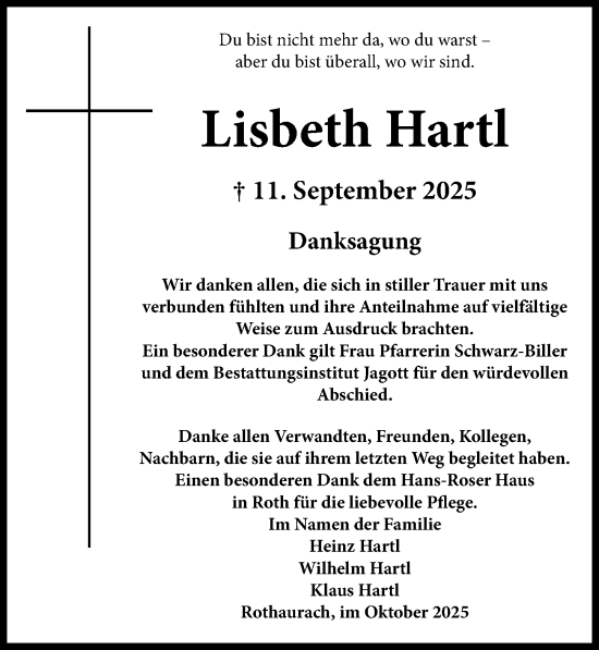 Traueranzeige von Lisbeth Hartl von Roth-Hilpoltsteiner Volkszeitung Lokal