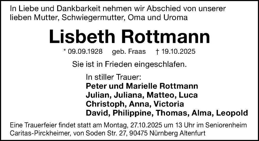  Traueranzeige für Lisbeth Rottmann vom 25.10.2025 aus Gesamtausgabe Nürnberger Nachrichten/ Nürnberger Ztg.