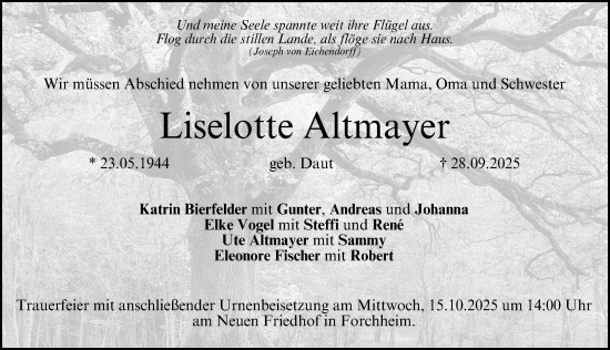 Traueranzeige von Liselotte Altmayer von Nordbayerische Nachrichten Forchheim Lokal
