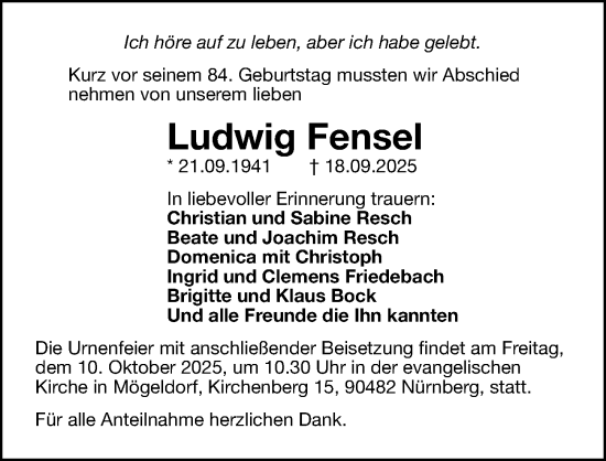 Traueranzeige von Ludwig Fensel von Gesamtausgabe Nürnberger Nachrichten/ Nürnberger Ztg.