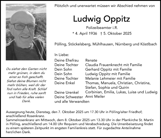 Traueranzeige von Ludwig Oppitz von Neumarkter Nachrichten Lokal