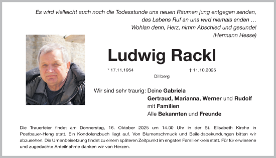Traueranzeige von Ludwig Rackl von Neumarkter Nachrichten Lokal