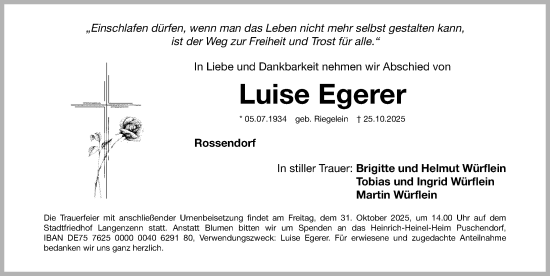 Traueranzeige von Luise Egerer von Fürther Nachrichten Lokal