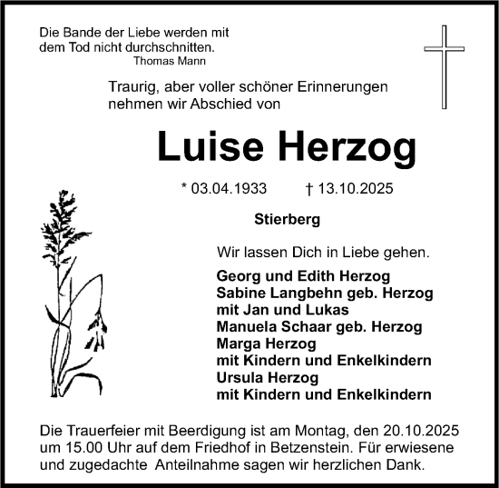 Traueranzeige von Luise Herzog von Nordbayerische Nachrichten Pegnitz Lokal