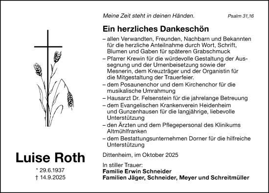 Traueranzeige von Luise Roth von Altmühl-Bote Lokal