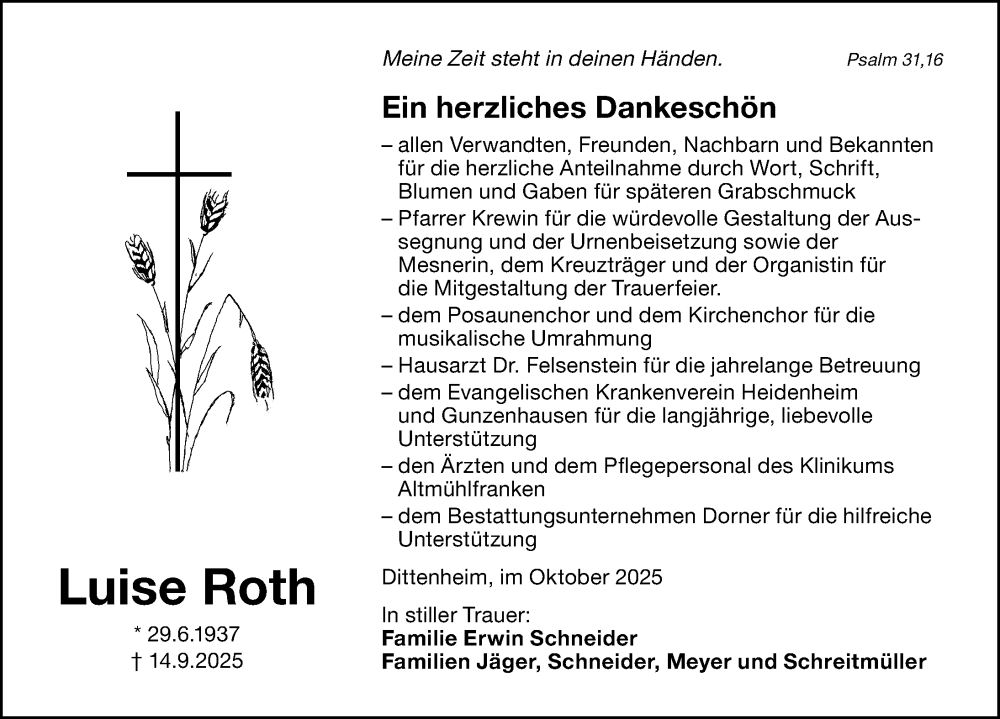  Traueranzeige für Luise Roth vom 31.10.2025 aus Altmühl-Bote Lokal