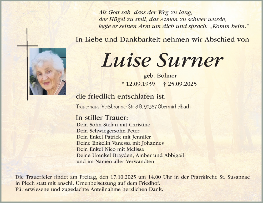  Traueranzeige für Luise Surner vom 11.10.2025 aus Nordbayerische Nachrichten Pegnitz Lokal