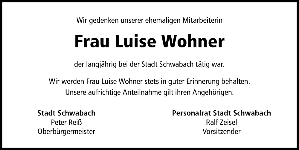  Traueranzeige für Luise Wohner vom 17.10.2025 aus Schwabacher Tagblatt Lokal