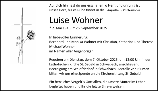 Traueranzeige von Luise Wohner von Schwabacher Tagblatt Lokal