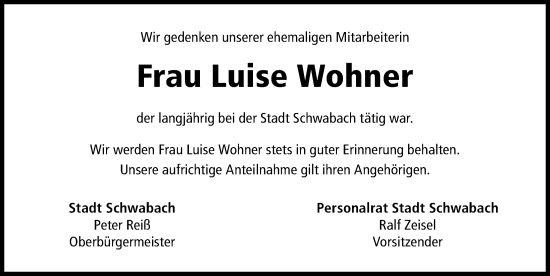 Traueranzeige von Luise Wohner von Schwabacher Tagblatt Lokal