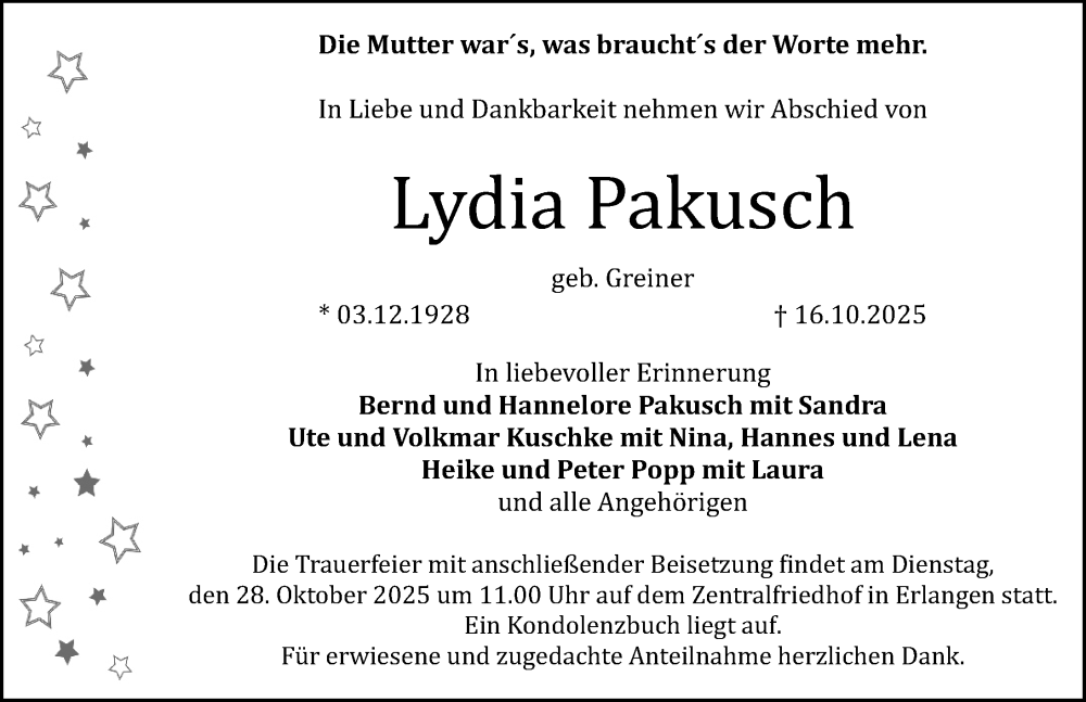  Traueranzeige für Lydia Pakusch vom 25.10.2025 aus Erlanger Nachrichten Lokal