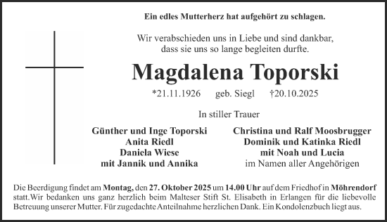 Traueranzeige von Magdalena Toporski von Erlanger Nachrichten Lokal