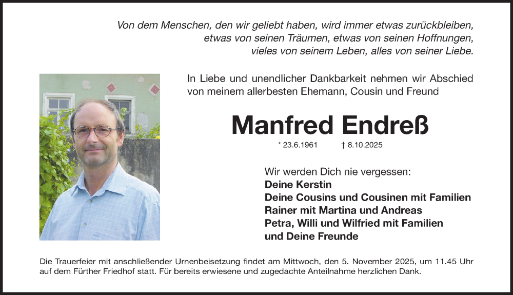  Traueranzeige für Manfred Endreß vom 31.10.2025 aus Fürther Nachrichten Lokal