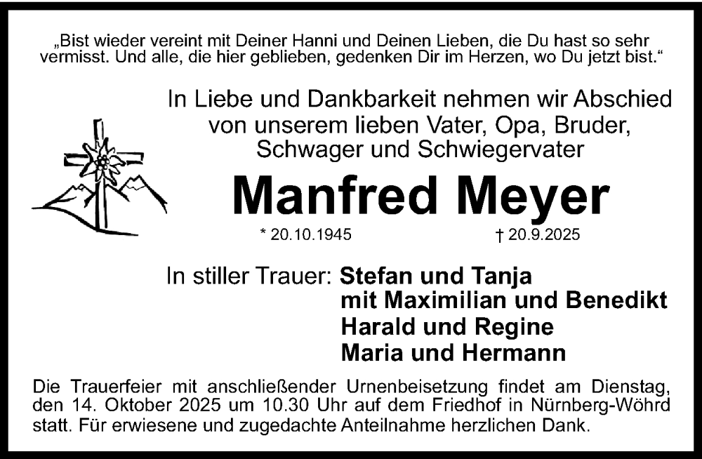 Traueranzeige für Manfred Meyer vom 11.10.2025 aus Gesamtausgabe Nürnberger Nachrichten/ Nürnberger Ztg.
