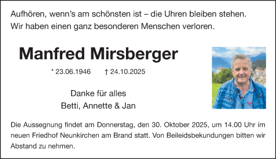 Traueranzeige von Manfred Mirsberger von Nordbayer. Nachrichten Forchheim/ Erlanger Nachrichten