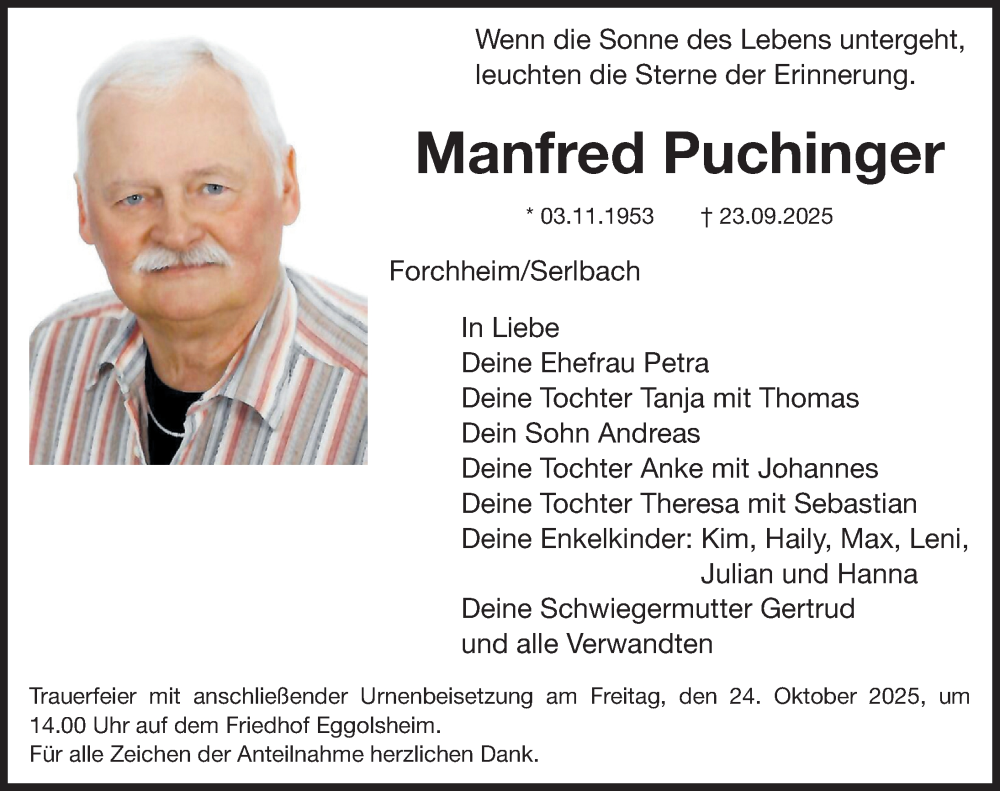  Traueranzeige für Manfred Puchinger vom 18.10.2025 aus Nordbayerische Nachrichten Forchheim Lokal
