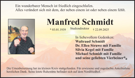 Traueranzeige von Manfred Schmidt von Roth-Hilpoltsteiner Volkszeitung Lokal