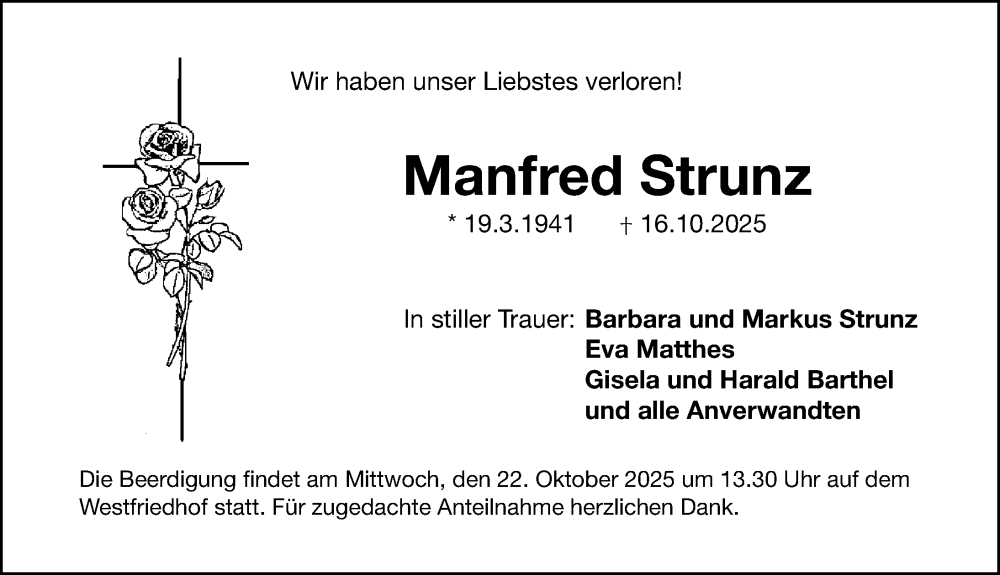  Traueranzeige für Manfred Strunz vom 18.10.2025 aus Gesamtausgabe Nürnberger Nachrichten/ Nürnberger Ztg.