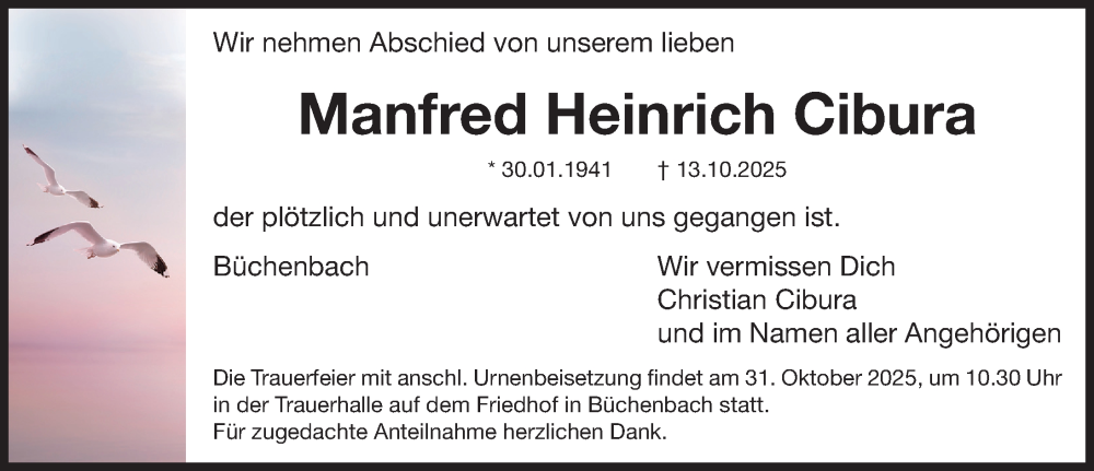  Traueranzeige für Manfred Heinrich Cibura vom 25.10.2025 aus Roth-Hilpoltsteiner Volkszeitung Lokal