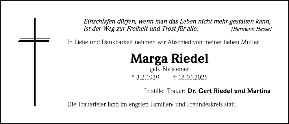  Traueranzeige für Marga Riedel vom 31.10.2025 aus Gesamtausgabe Nürnberger Nachrichten/ Nürnberger Ztg.