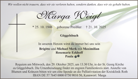 Traueranzeige von Marga Weigl von Roth-Hilpoltsteiner Volkszeitung Lokal