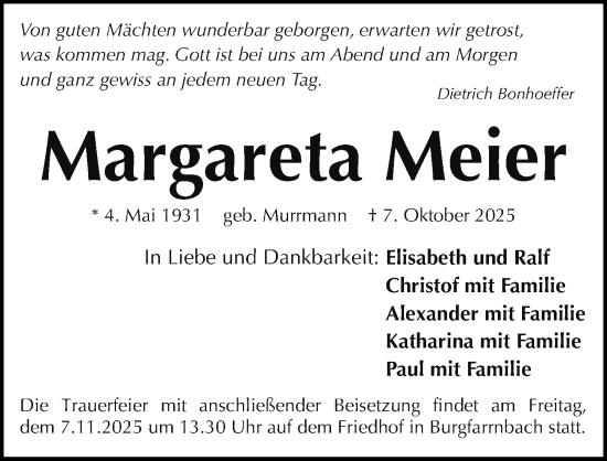 Traueranzeige von Margareta Meier von Fürther Nachrichten Lokal