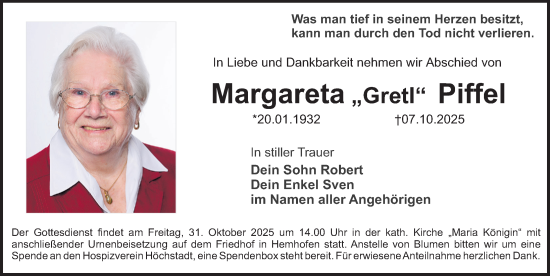 Traueranzeige von Margareta Piffel von Erlanger Nachrichten Lokal