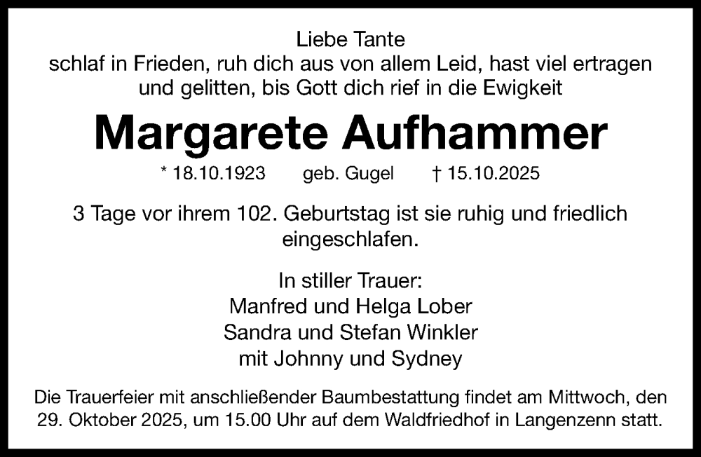  Traueranzeige für Margarete Aufhammer vom 25.10.2025 aus Fürther Nachrichten Lokal