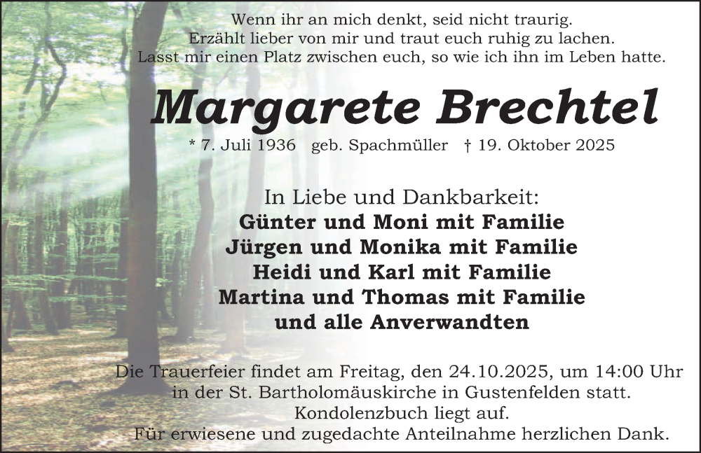  Traueranzeige für Margarete Brechtel vom 22.10.2025 aus Schwabacher Tagblatt Lokal
