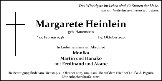Traueranzeige von Margarete Heinlein von Gesamtausgabe Nürnberger Nachrichten/ Nürnberger Ztg.