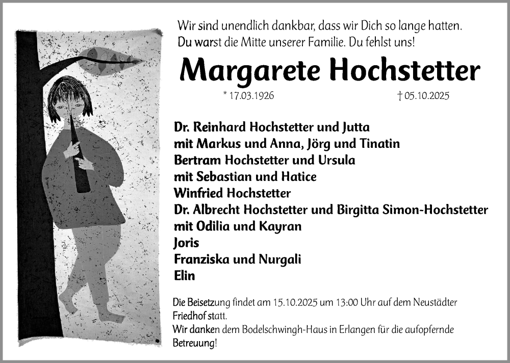  Traueranzeige für Margarete Hochstetter vom 11.10.2025 aus Erlanger Nachrichten Lokal