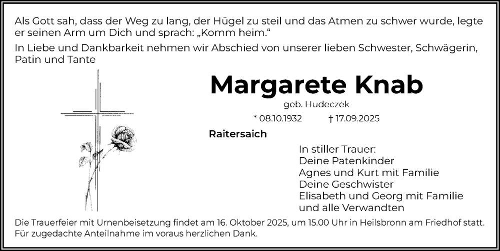 Traueranzeige für Margarete Knab vom 11.10.2025 aus Fürther Nachrichten Lokal