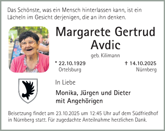 Traueranzeige von Margarete Gertrud Avdic von Gesamtausgabe Nürnberger Nachrichten/ Nürnberger Ztg.
