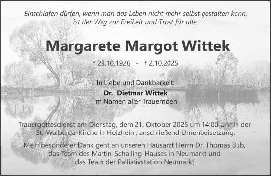 Traueranzeige von Margarete Margot Wittek von Neumarkter Nachrichten Lokal