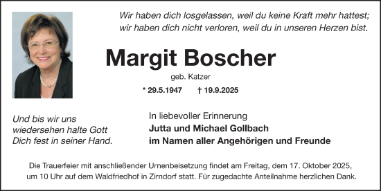 Traueranzeige von Margit Boscher von Fürther Nachrichten Lokal