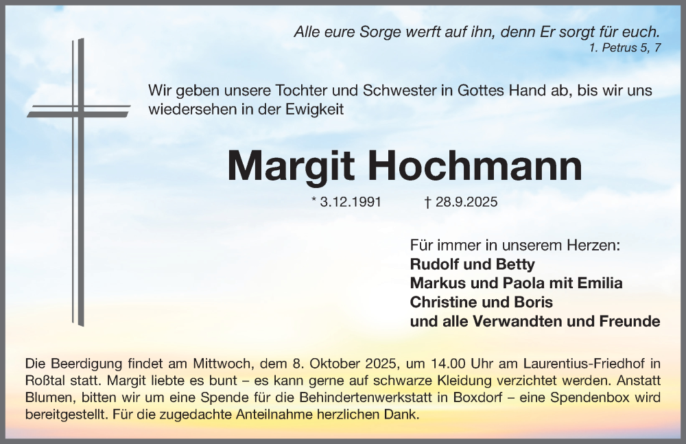  Traueranzeige für Margit Hochmann vom 04.10.2025 aus Fürther Nachrichten Lokal