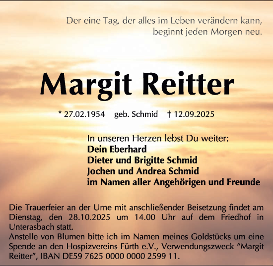 Traueranzeige von Margit Reitter von Fürther Nachrichten Lokal