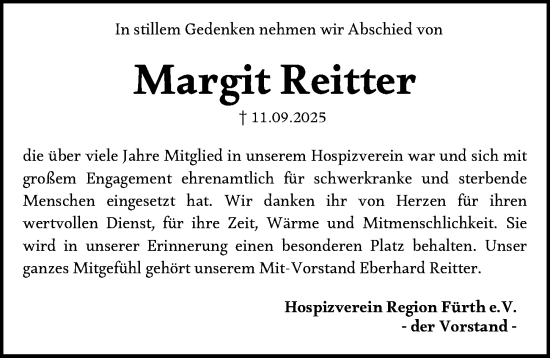 Traueranzeige von Margit Reitter von Fürther Nachrichten Lokal