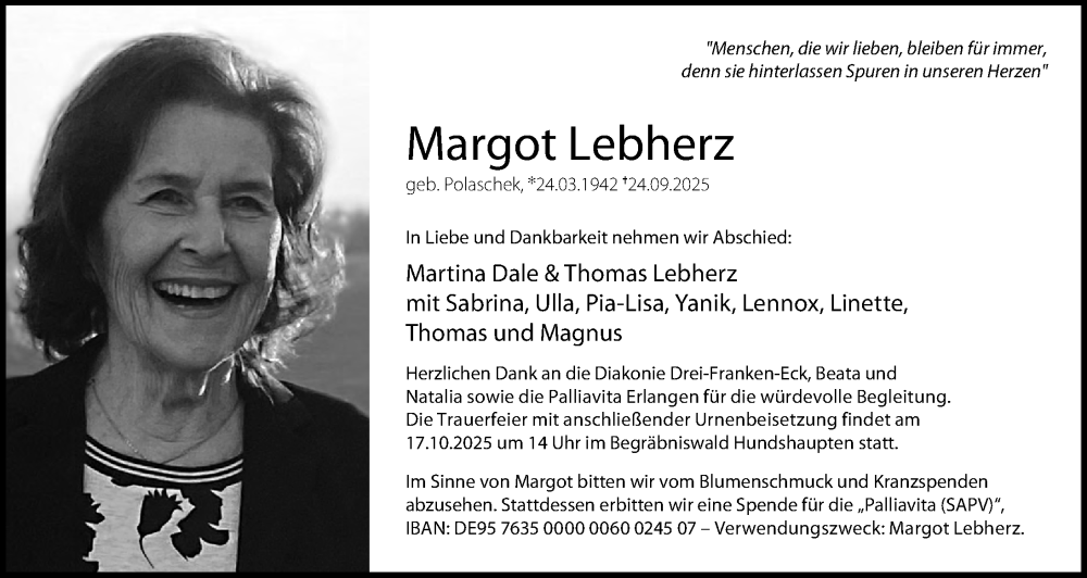  Traueranzeige für Margot Lebherz vom 11.10.2025 aus Gesamtausgabe Nürnberger Nachrichten/ Nürnberger Ztg.
