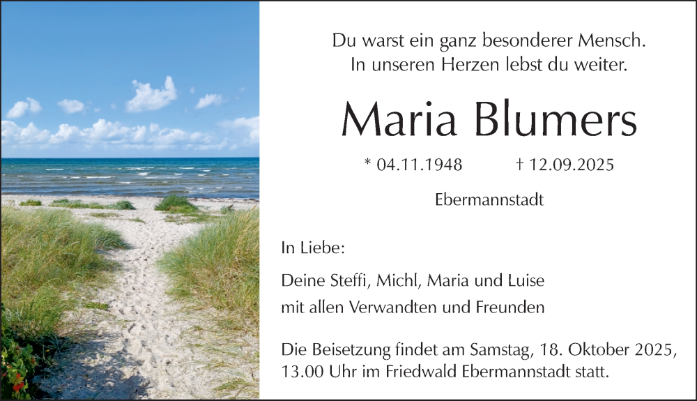  Traueranzeige für Maria Blumers vom 11.10.2025 aus Nordbayerische Nachrichten Forchheim Lokal