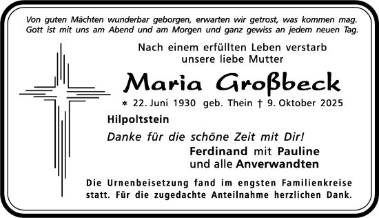 Traueranzeige von Maria Großbeck von Roth-Hilpoltsteiner Volkszeitung Lokal