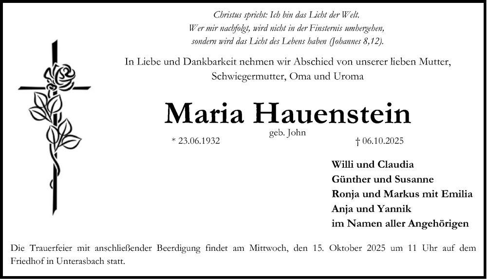  Traueranzeige für Maria Hauenstein vom 11.10.2025 aus Fürther Nachrichten Lokal