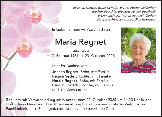 Traueranzeige von Maria Regnet von Neumarkter Nachrichten Lokal