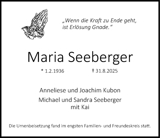 Traueranzeige von Maria Seeberger von Erlanger Nachrichten Lokal