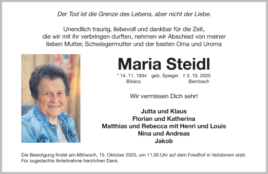 Traueranzeige von Maria Steidl von Fürther Nachrichten Lokal