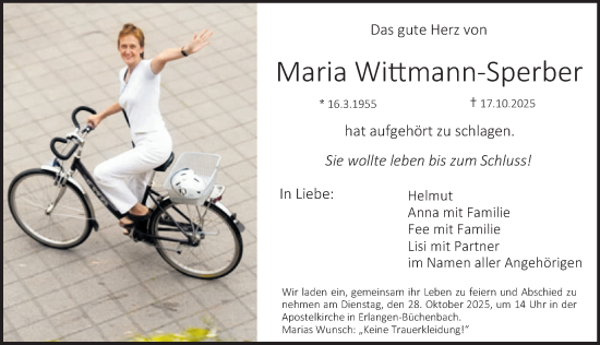 Traueranzeige von Maria Wittmann-Sperber von Erlanger Nachrichten Lokal