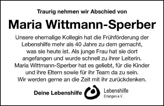 Traueranzeige von Maria Wittmann-Sperber von Erlanger Nachrichten Lokal