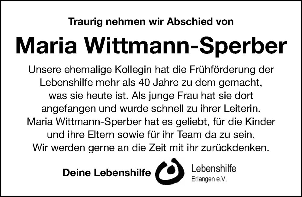  Traueranzeige für Maria Wittmann-Sperber vom 25.10.2025 aus Erlanger Nachrichten Lokal