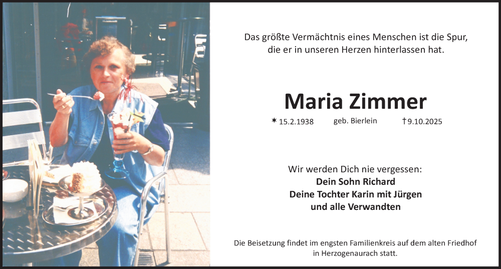  Traueranzeige für Maria Zimmer vom 11.10.2025 aus Nordbayerische Nachrichten Herzogenaurach Lokal