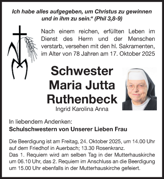 Traueranzeige von Maria Jutta Ruthenbeck von Nordbayerische Nachrichten Pegnitz Lokal